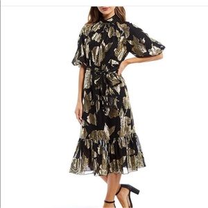 Alex Marie Black Gold Mock Neck Puff Sleeve Midi Dress Belted Pockets size 12